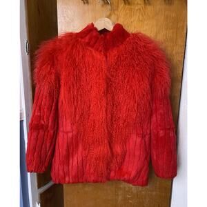Vintage 90s Red Mongolian Fur Lamb Coat Shaggy Glam Rock Statement Rabbit Sz M
